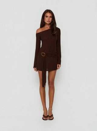Still Spinning One Shoulder Belted Mini Dress Brown