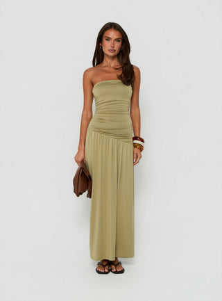 Isolina Strapless Ruched Maxi Dress Sage Green