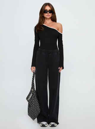 Andrielle One Shoulder Long Sleeve Bodysuit Black  White