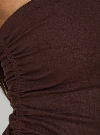 Defined Strapless Gathered Linen Blend Top Brown