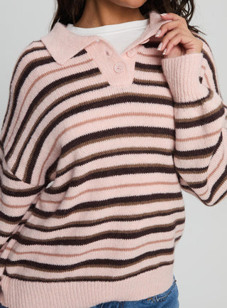 Jeanny Collared Knit Sweater Brown  Pink Stripe