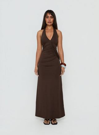 Cadira Ruched Halter Maxi Dress Chocolate