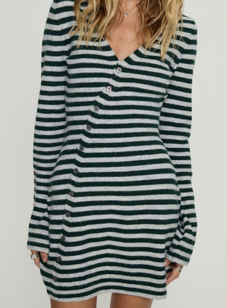 Morgen Asymmetrical Long Sleeve Mini Dress Grey  Green Stripe