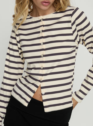 Marvella Button Up Long sleeve Top Dark Grey  Cream Stripe