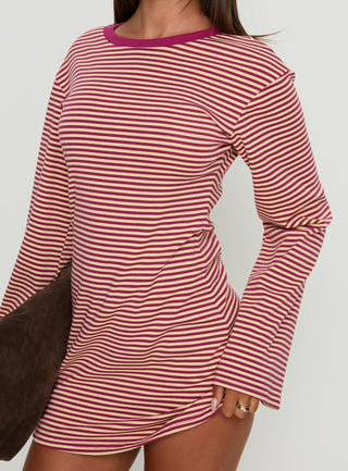 Lulolah Long Sleeve Mini Dress Lemon  Burgundy Stripe
