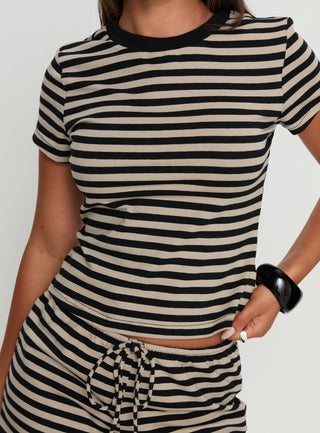 Settle Down Baby Tee Black  Beige Stripe