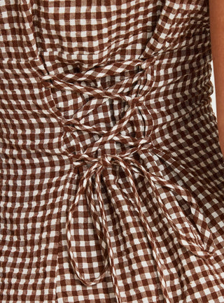 Pique Button Down Mini Dress Brown Gingham
