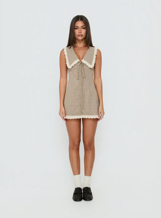 Mayci Collared Lace Trim Romper Brown Check