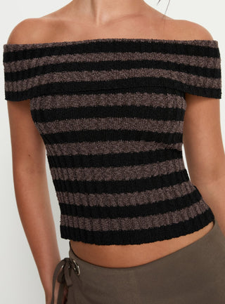 Murmur Off Shoulder Top Brown  Black Stripe