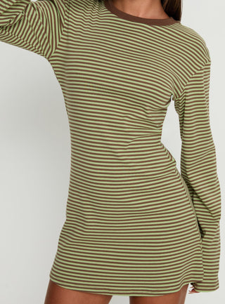 Lulolah Long Sleeve Mini Dress Green  Chocolate Stripe