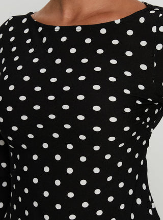 Lady Lady Long Sleeve Backless Top Black  White Polka