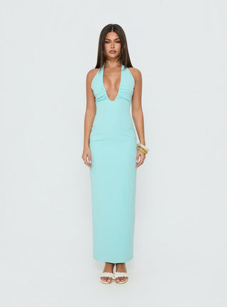 Soft Storm Plunge Halter Maxi Dress Turquoise