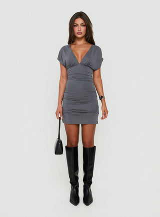 Mattey Cinched V Neck Mini Dress Slate