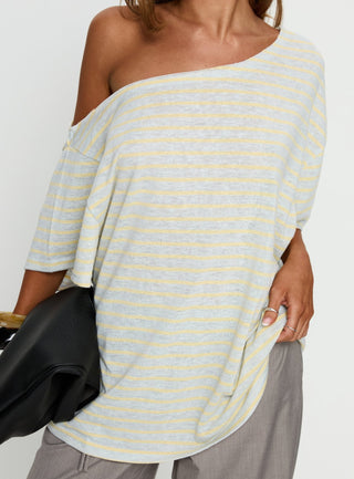 Winny Off Shoulder Tee Grey Marle  Lemon Stripe