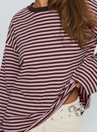 Settle Down Long Sleeve Top Pink  Brown Stripe