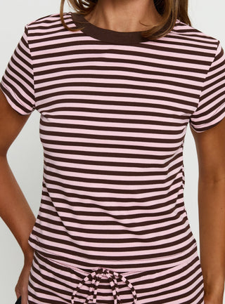 Settle Down Baby Tee Pink  Brown Stripe