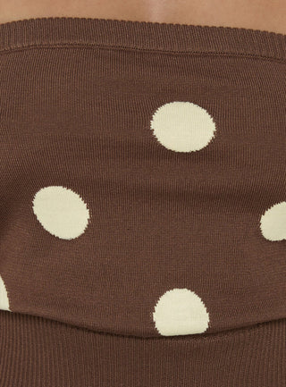 Tahlie Cinched Strapless Knit Top Brown Polka Dot