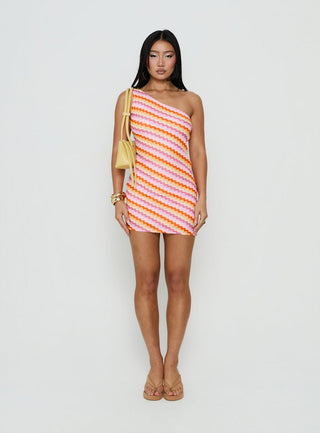Alisia One Shoulder Knit Mini Dress Pink Stripe