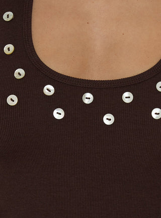 Renara Halter Ribbed Button Top Brown