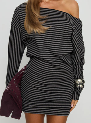 Alayne Long Sleeve Knit Mini Dress Black  Grey Stripe