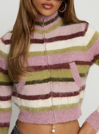 Keeva Zip Through Knit Jumper Pink  Green Stripe