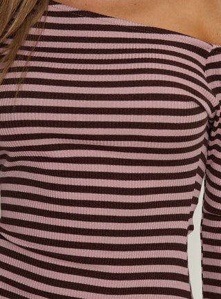 Adrietta Long Sleeve Off Shoulder Mini Dress Chocolate  Pink Stripe