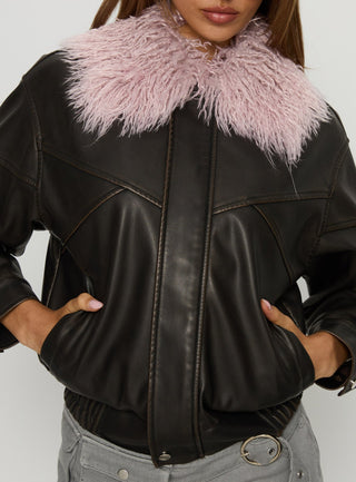 Brittanni Fluffy Collar Jacket Brown  Pink