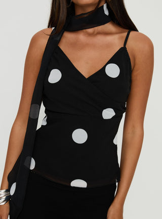 Jenae Scarf Detail Cami Top Black  White Polka