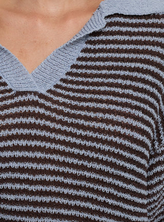 Serenique Collared Short Sleeve Knit Top Blue  Chocolate