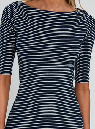Evyna Boat Neck 34 Sleeve Mini Dress Navy Stripe