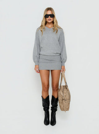 Latrina V Neck Long Sleeve Knit Mini Dress Dark Grey