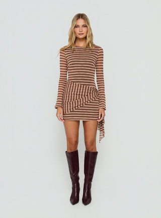 Avenor Long Sleeve Tie Detail Mini Dress Brown / Yellow Stripe
