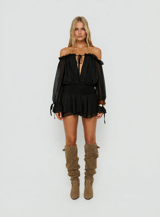 Felicita Off Shoulder Long Sleeve Chiffon Mini Dress Black