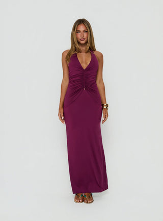 Erene Ruched Halter Maxi Dress Berry