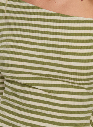 Adrietta Long Sleeve Off Shoulder Mini Dress Cream  Matcha Stripe