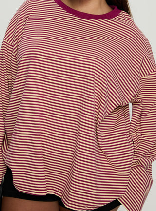 Settle Down Long Sleeve Top Lemon  Burgundy Stripe Curve