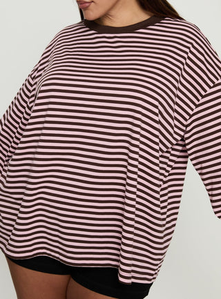 Settle Down Long Sleeve Top Pink  Brown Stripe Curve