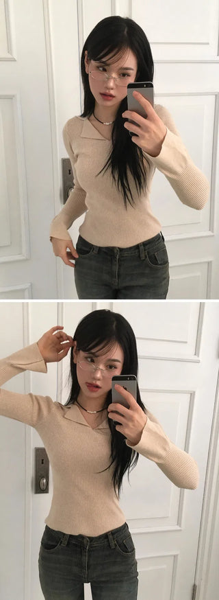 Mon Daily Collar V-Neck Long Sleeve Ribbed Knitwear - 3 Colors