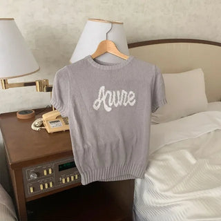 Lettering Short-Sleeve Knit Sweater