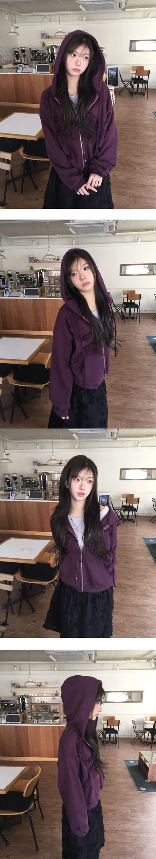 Fur-free lace frill hooded top - 2 colors