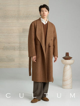 [CULTUM] Shawl Collar Belted Long Wool Coat