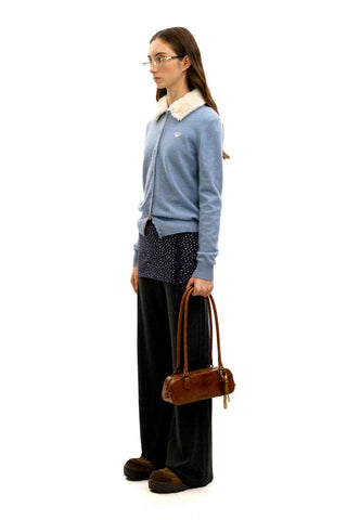 [Moromoro2] Faux Fur Collar Logo Knit  Cardigan
