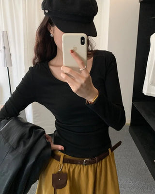 (5 colors) Waist Shirring U-Neck Knit