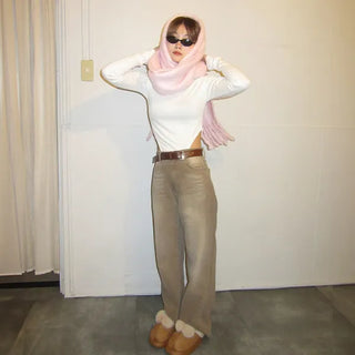 Washed wide denim pants