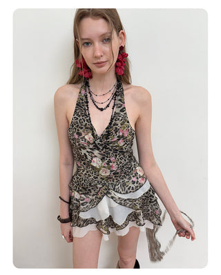 [NECY] Blooming Leopard Halterneck Ruffle Dress