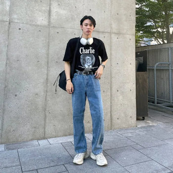 Straight-fit, center-creased denim pants
