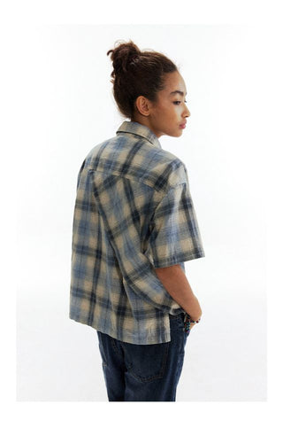 CONP Asymmetric bias-cut plaid shirt (blue)