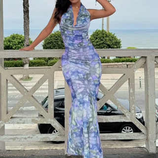 Cowl neck halter self tie print mesh maxi dress