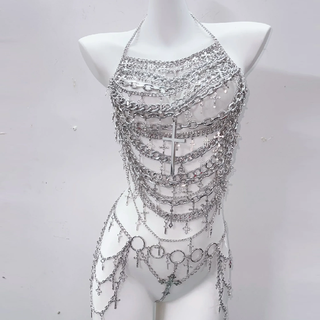 Metal chain cross applique hollow out backless waist chain cut out set