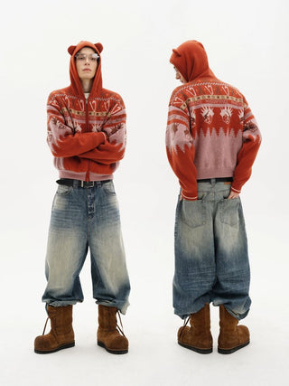 [MASONPRINCE] Funny Bear Fleece Lined Hooded Knit